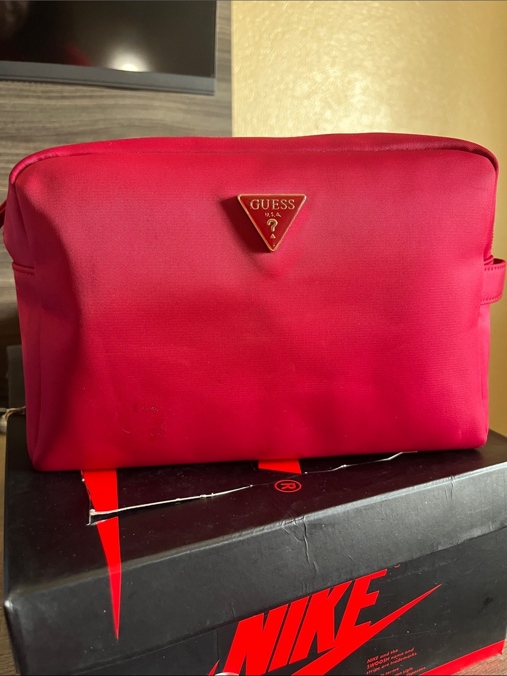 GUESS Red Men's Toiletry Pouch with Logo Triangle